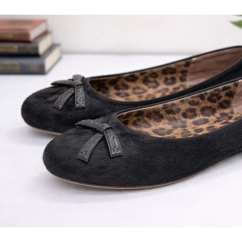 Talbots Ballet Flats Whimsigoth 6.5 B Faux Fur Black Bow Leopard Lining